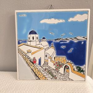 Ceramic Tile Made In Greece  Ocean Scene Seagull Santorini Wall Hanging Colorful